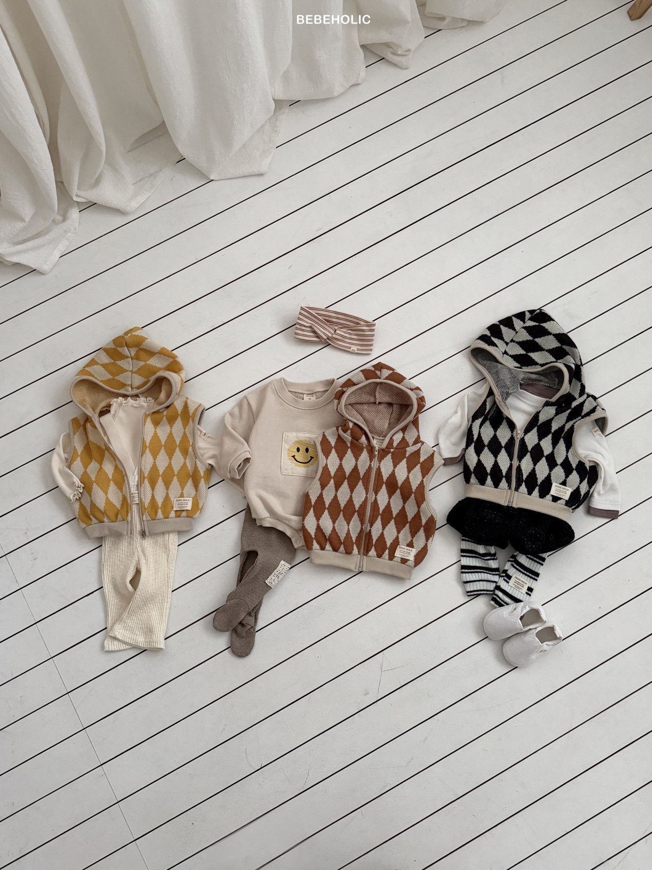 🌸預訂 韓國直送🌸🇰🇷BEBEHOLIC三色菱格連帽背心拉鍊外套