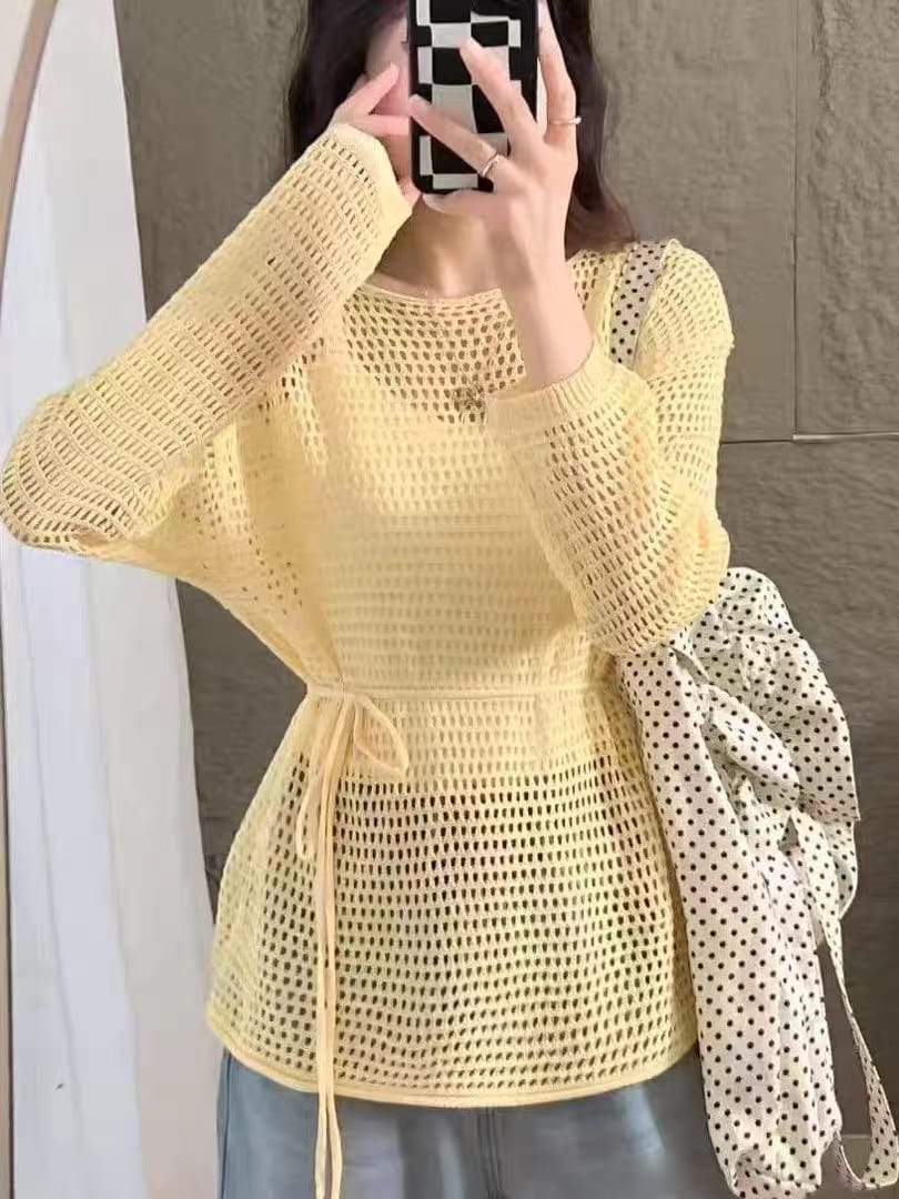 Open-Knit Long Sleeve Sweater with Waist Tie (Inner Layer Not Included) ‖ 附腰绳镂空针织长袖上衣（不含内搭） KR01345