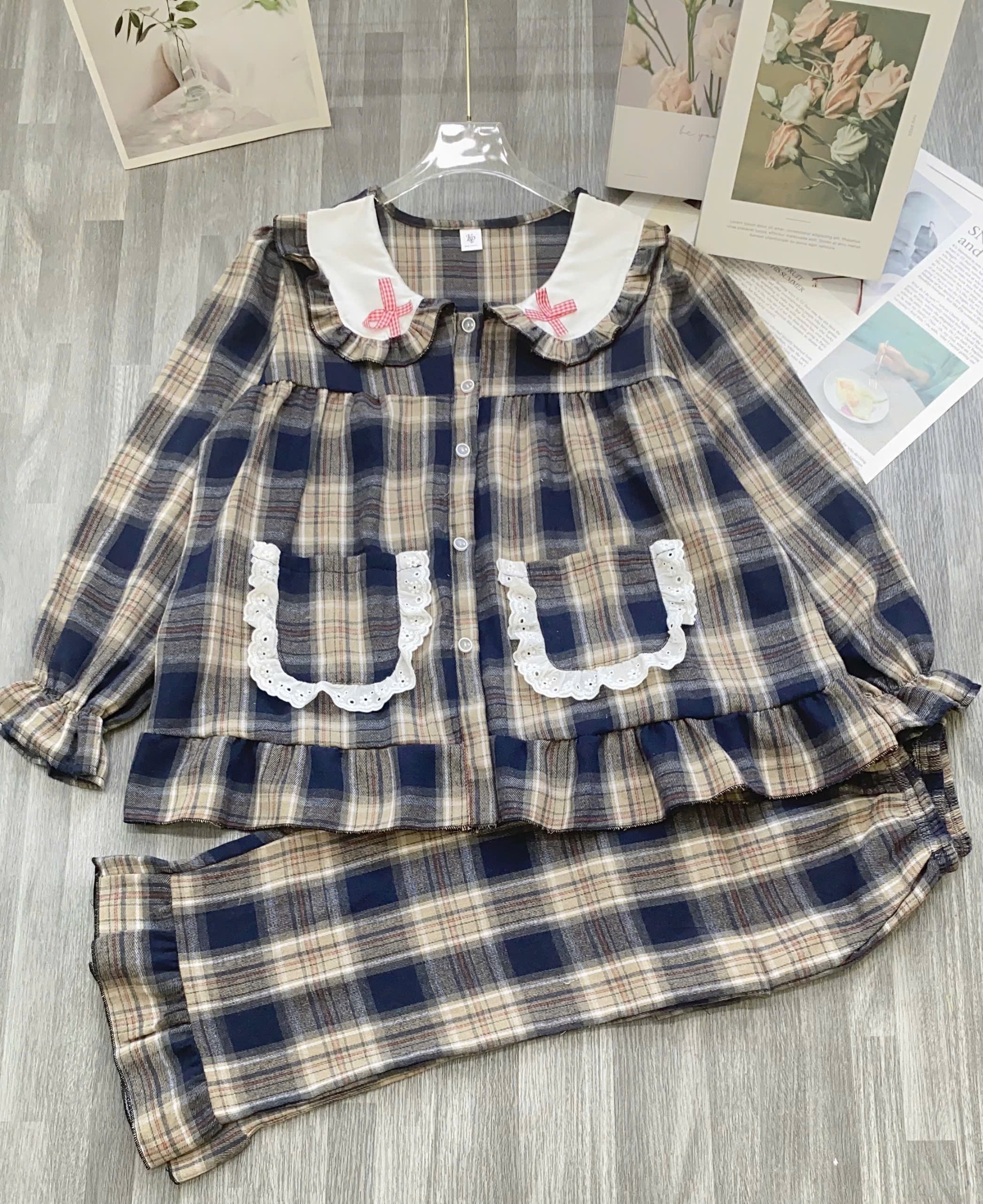 格子圖案女士睡衣套裝