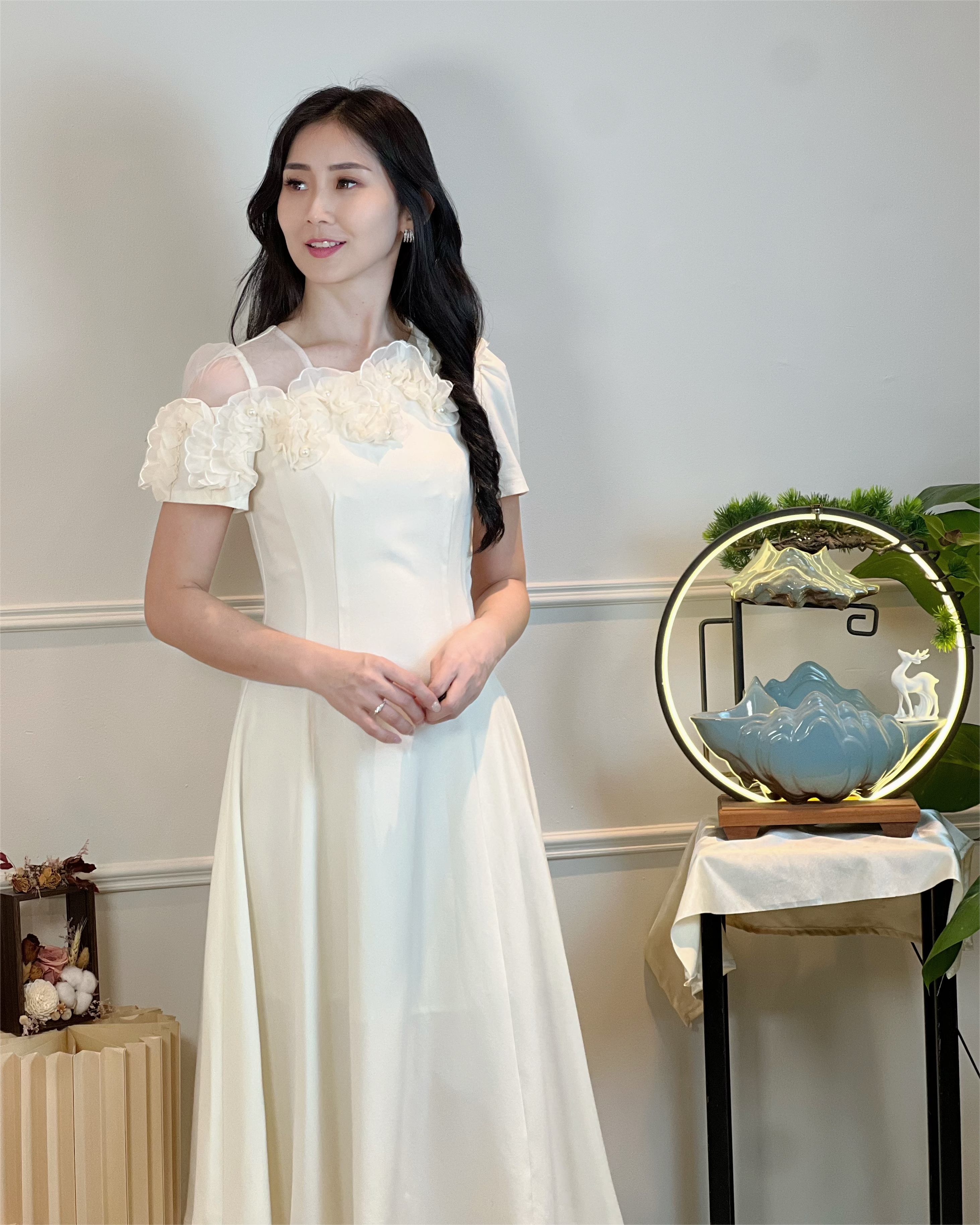 5093 3D Floral Chiffon Appliqué Midi Dress