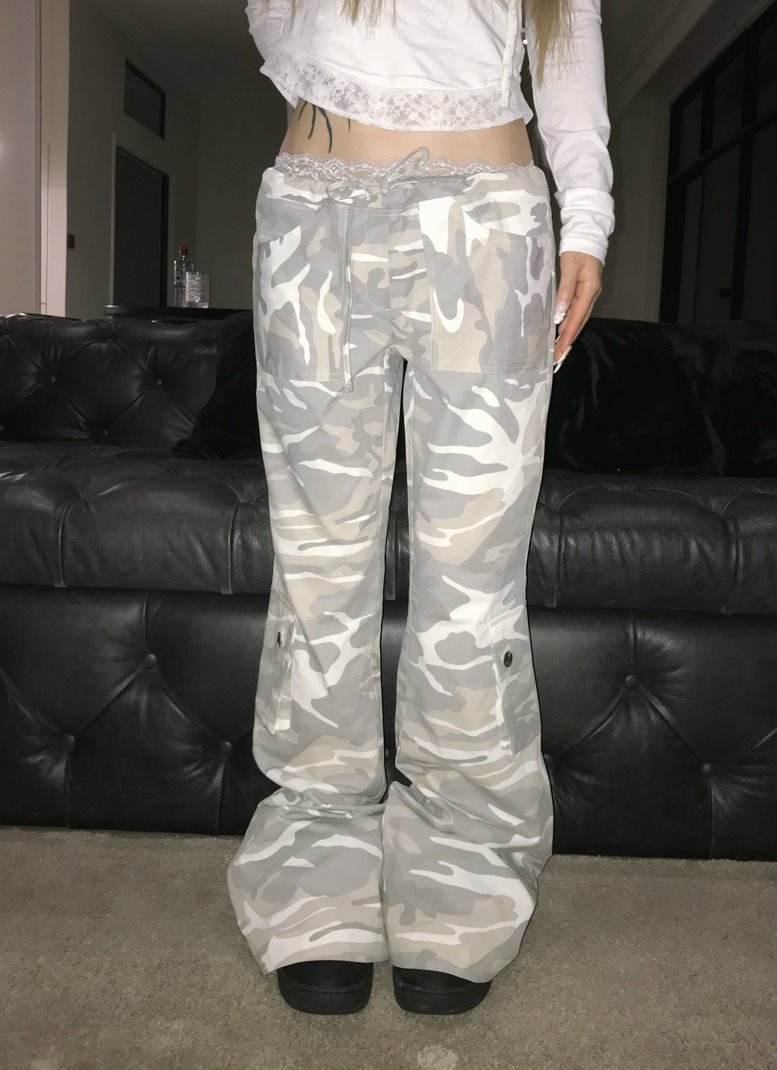 Camo Low-Rise Flare Cargo Pants