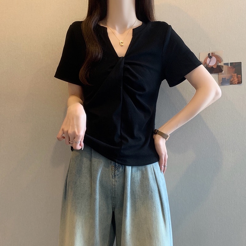 B335(16289) 韩版甜辣风领扭结褶皱显瘦黑上衣