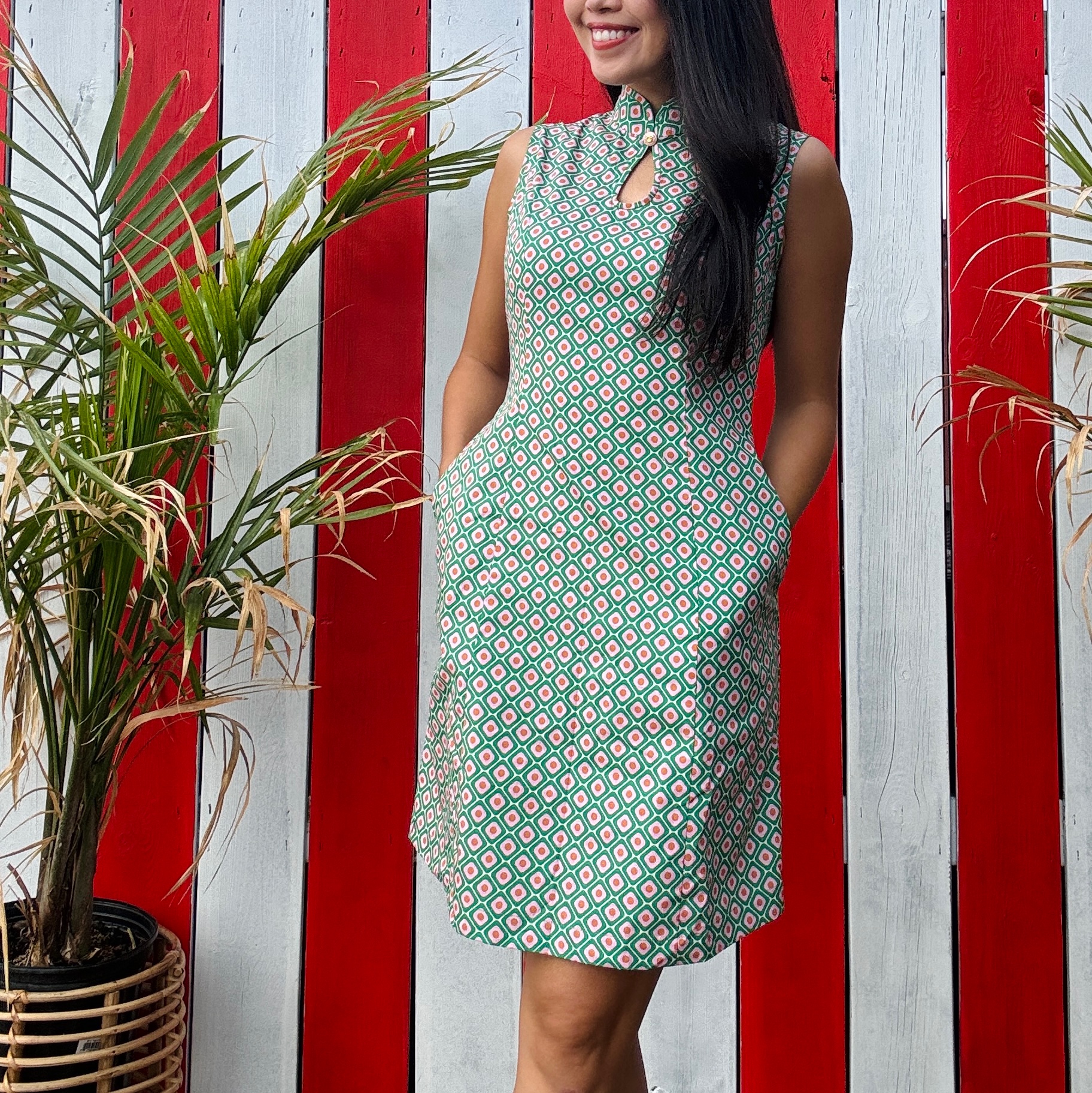 (Ready-made)100% Organic Cotton 60s Style Green Vintage Pattern Mandarin Collar Shift Dress (FM166)