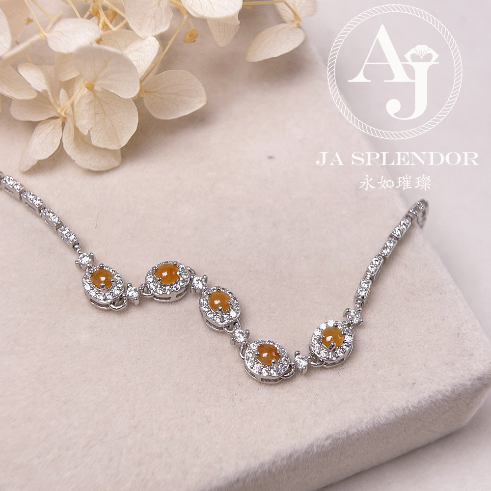 JBS-19 天然翡翠A 玉 冰種黃翡蛋面純銀手鏈