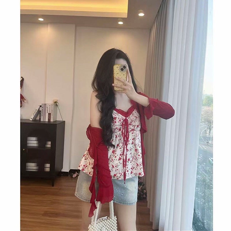 B245(11358+7873) 法式甜美风碎花吊带与纯色开衫红黄两件套上衣