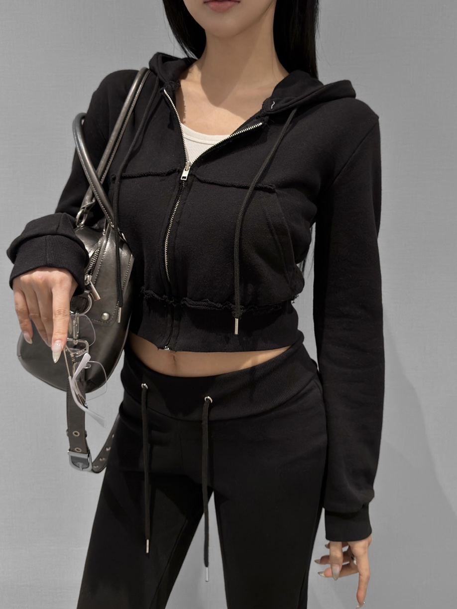 Distressed Cropped Zip-Up Hoodie