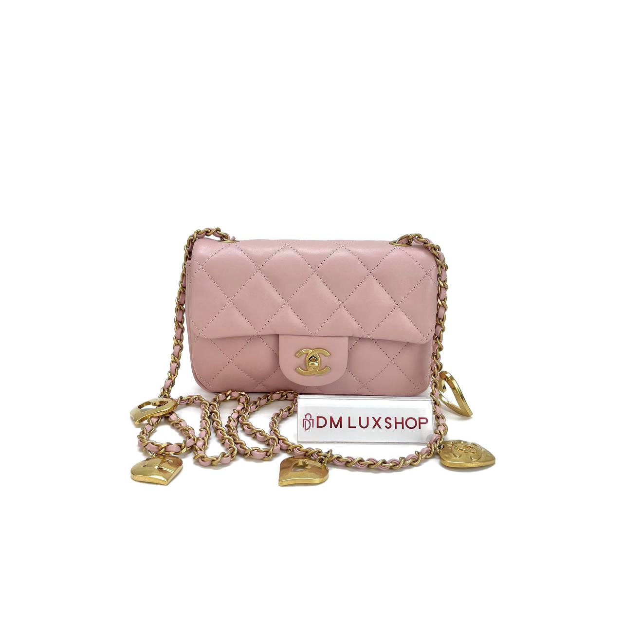 Chanel 22B Heart Charm Chain Pink Mini Rectangular GHW (Microchip)