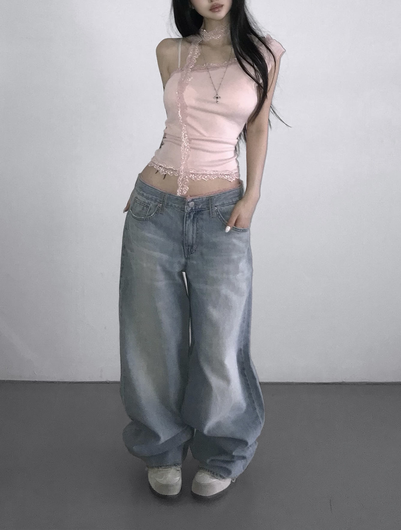 Lace Trim Layered Wide Leg Denim