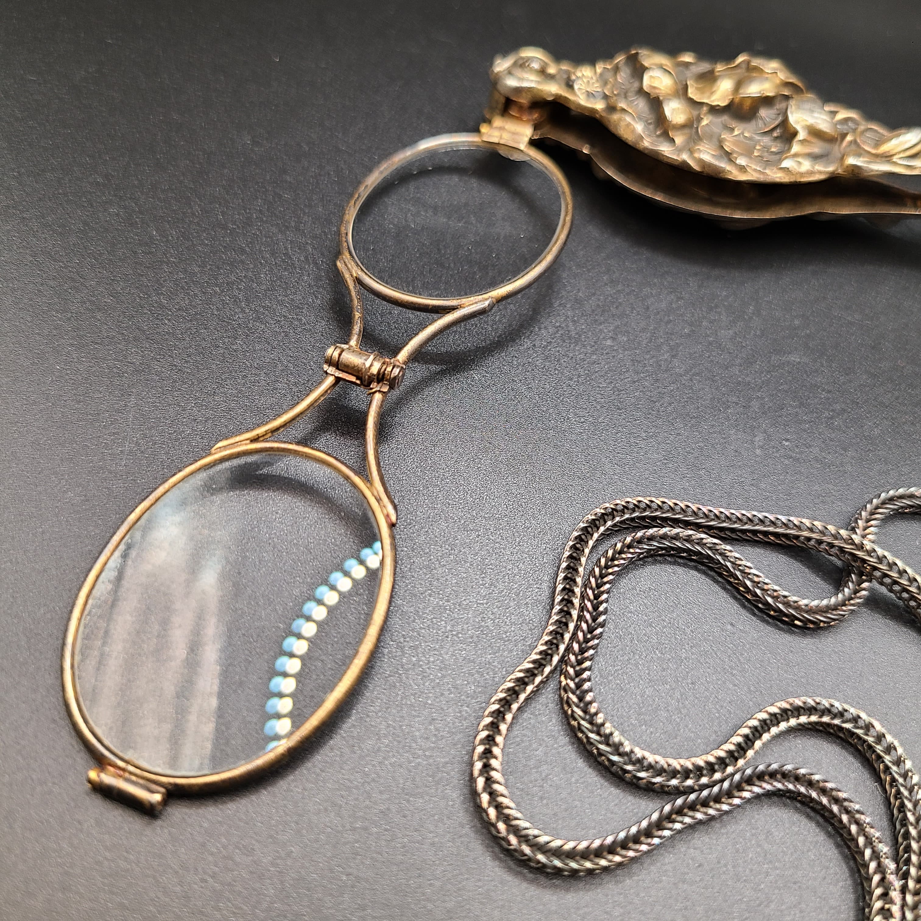 Art Nouveau 時期荷花銀包銅歌劇鏡飾lorgnettes glasses配純銀頸鍊