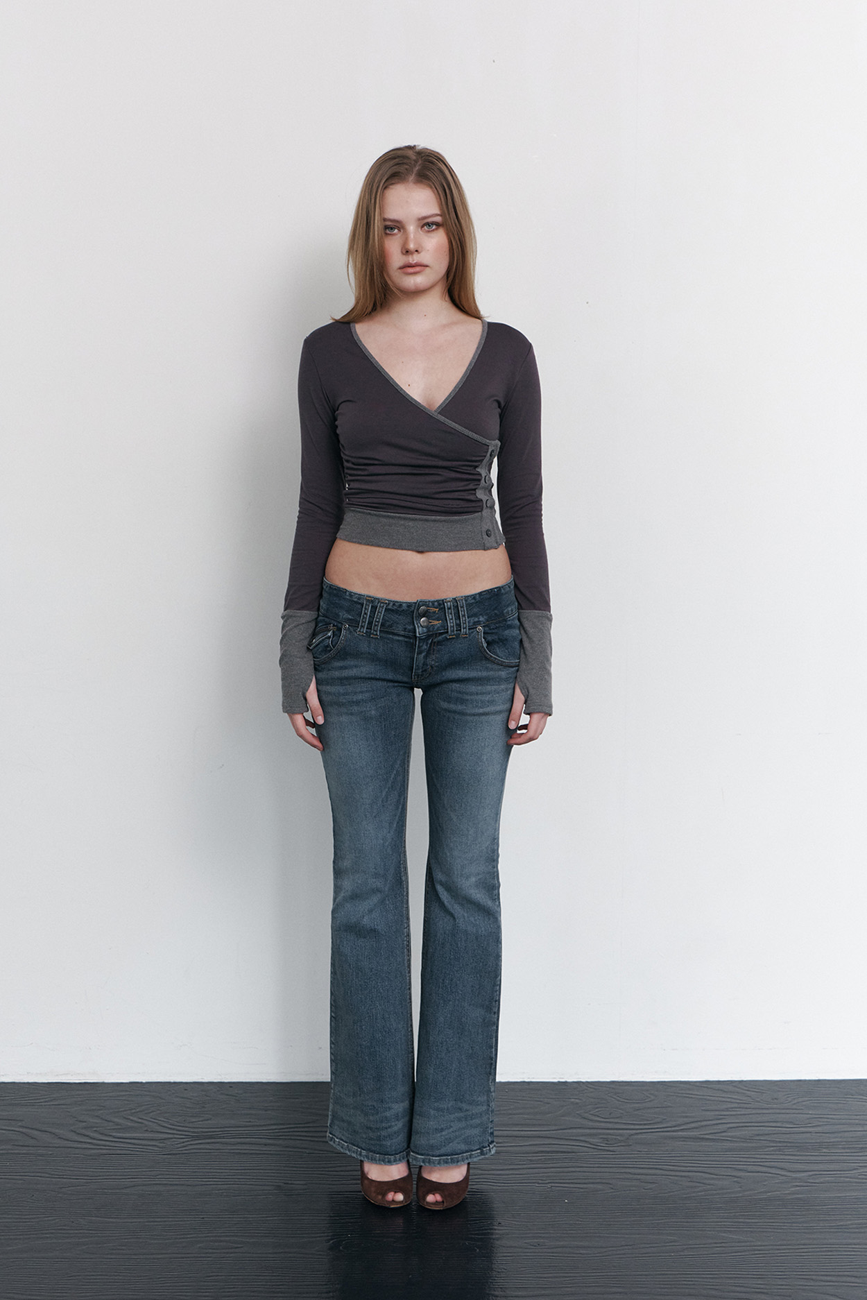 pleaseNOFOLLOW - Selena Button Wrap long sleeve Top (Charcoal)