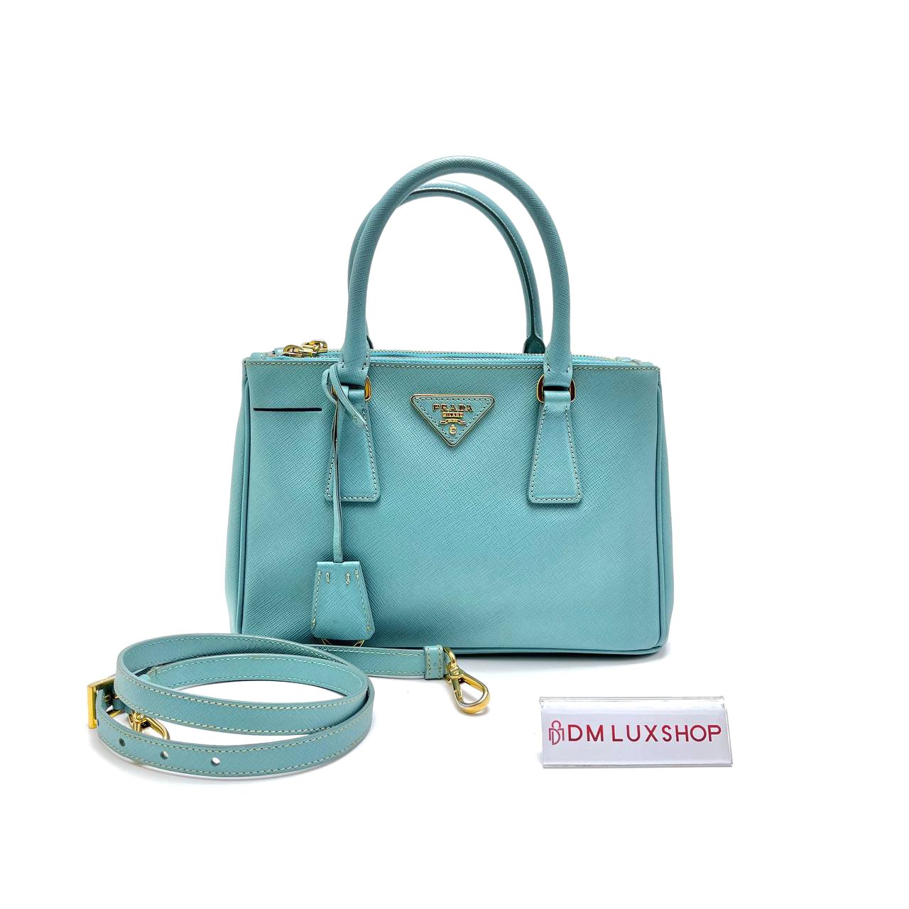 Prada Saffiano Light Blue Small Double Zip Galleria Lux Tote GHW