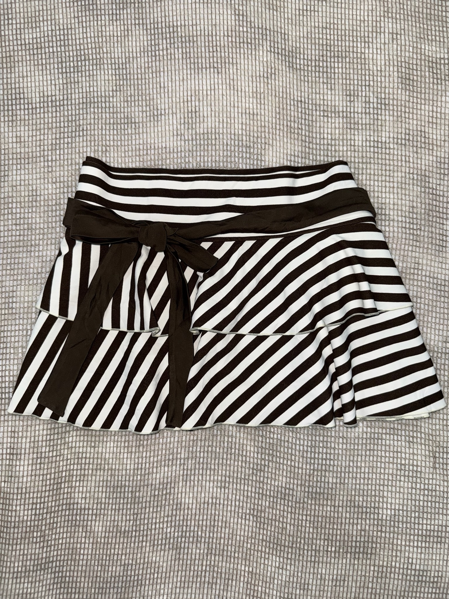 Diagonal Stripe Tiered Skirt with Ribbon Belt