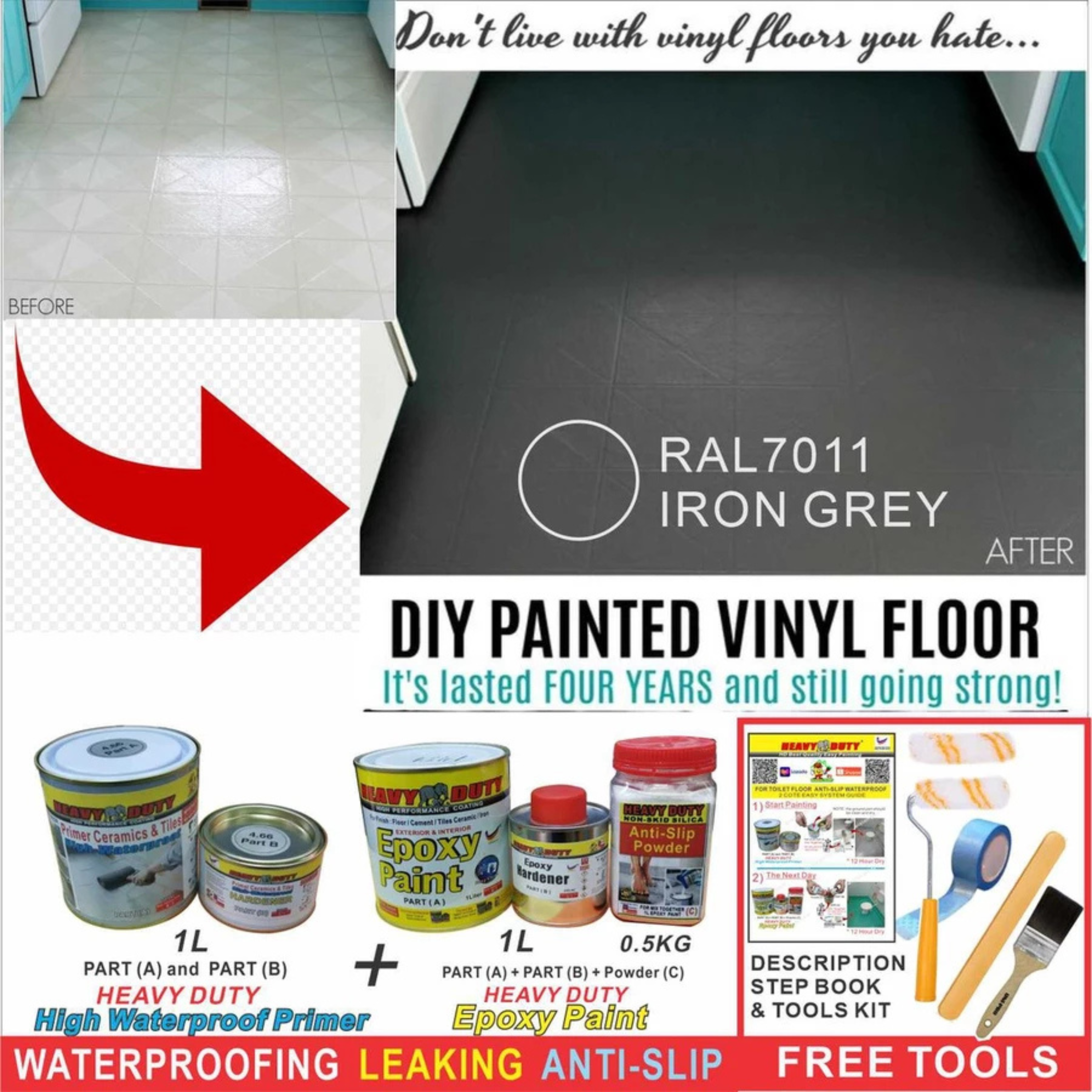 FULL SET (HEAVY DUTY BRAND) Floor Coating (Free Paint Tool Set) 1L Tile Primer + 1L Epoxy Colour + 0.5kg Non-skid Silic