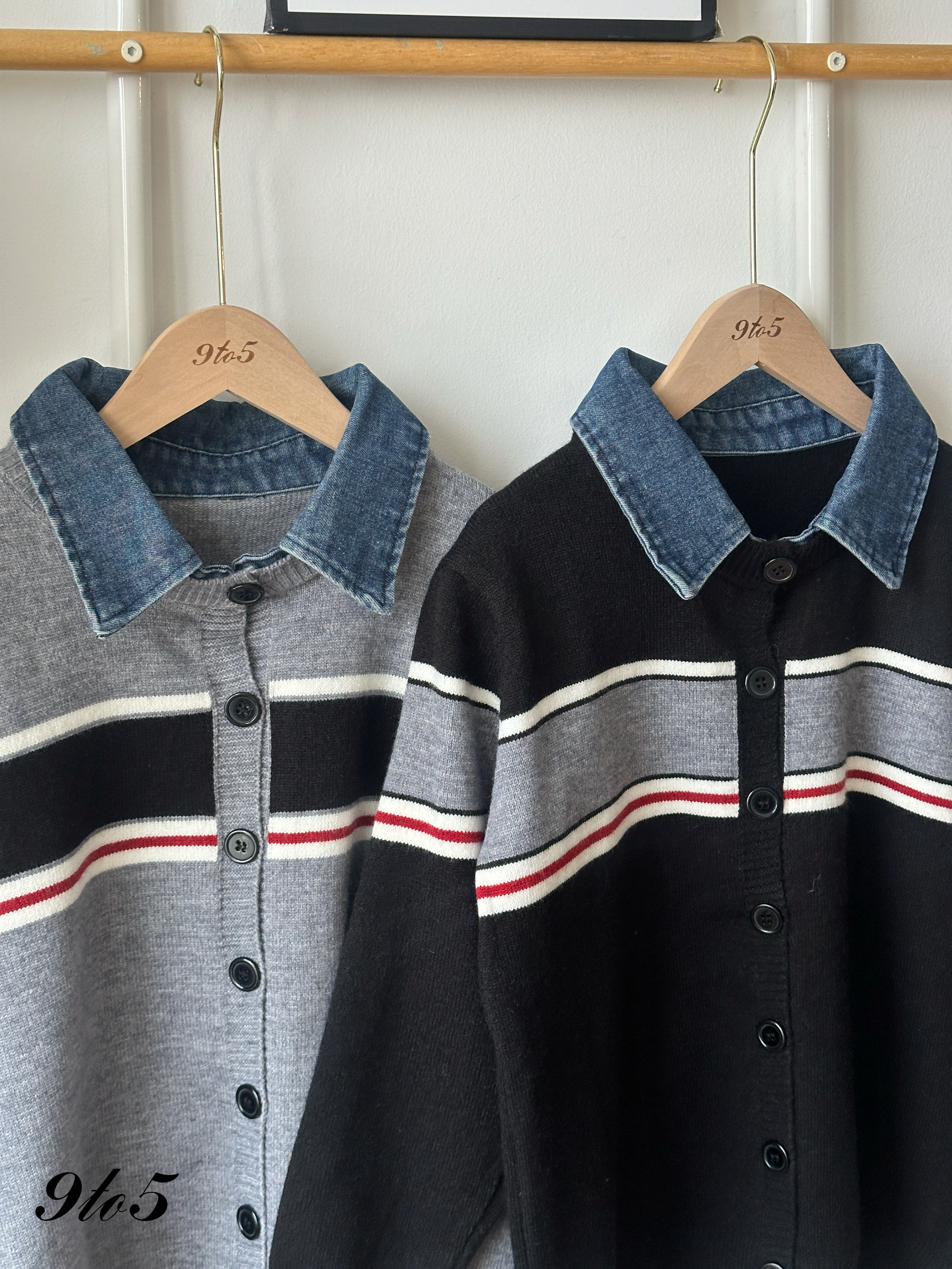 T4359 Denim Collar Knit Sweater - Black & Grey