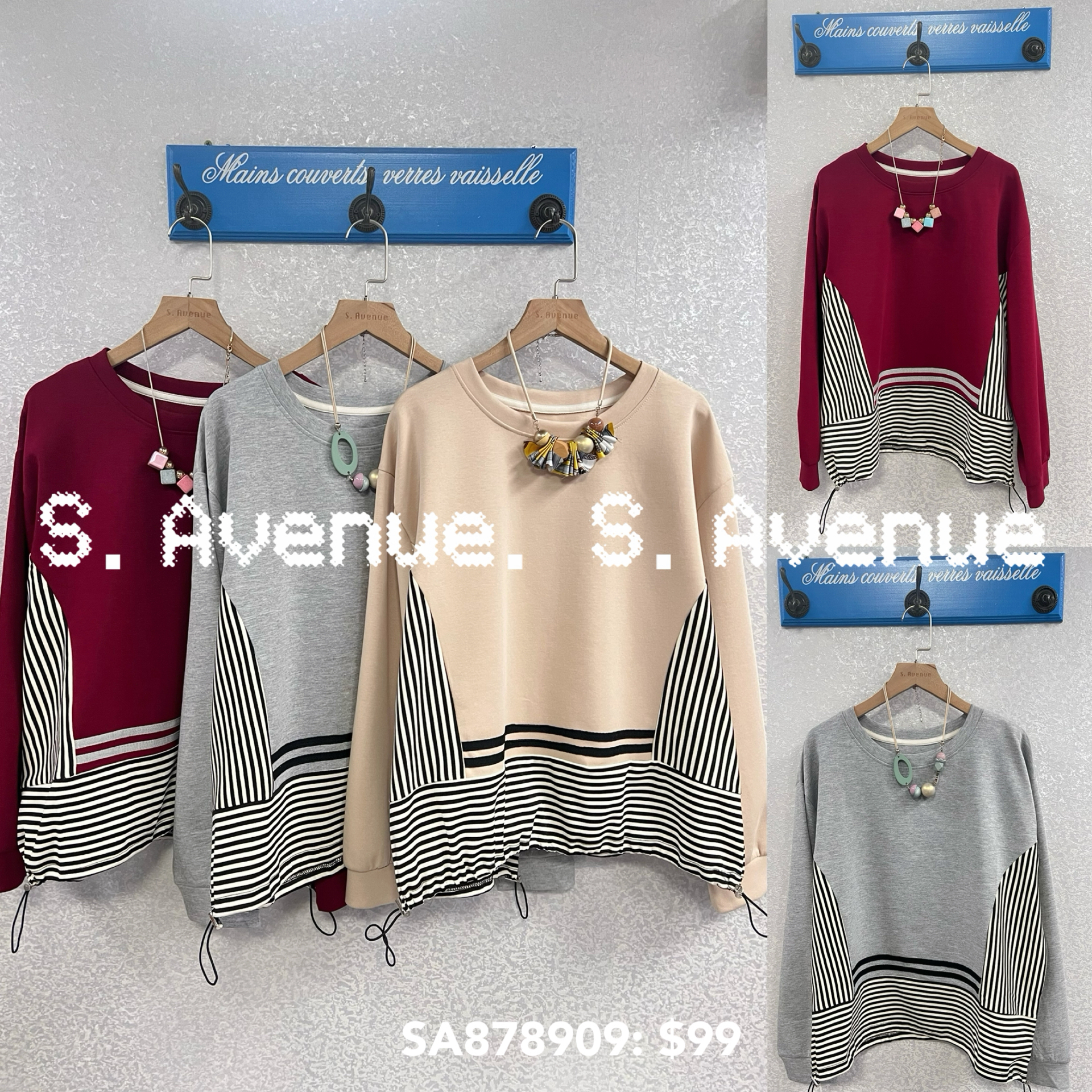 SA878909: 長袖鬆身下拼條子束腳tee