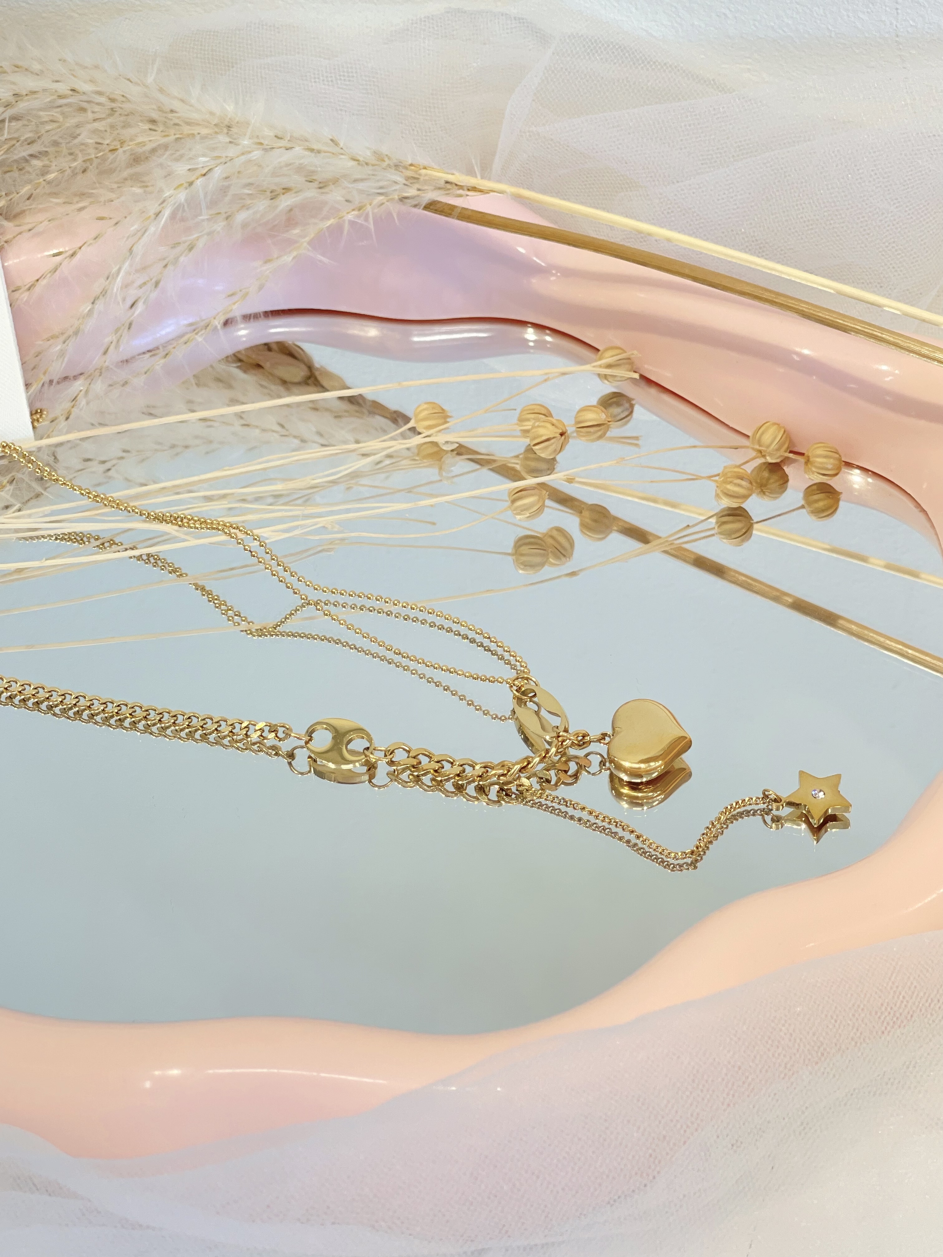 小猪鼻子爱心双链设计感钛钢项链