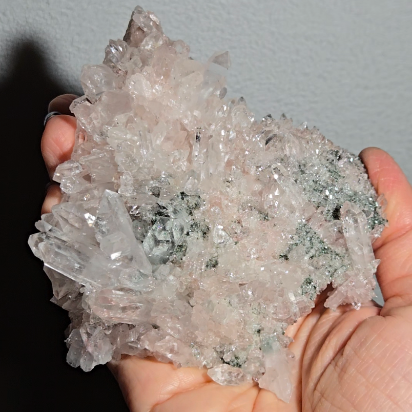 Pink Lemurian quartz cluster with green chlorite, rainbows - LQ189
