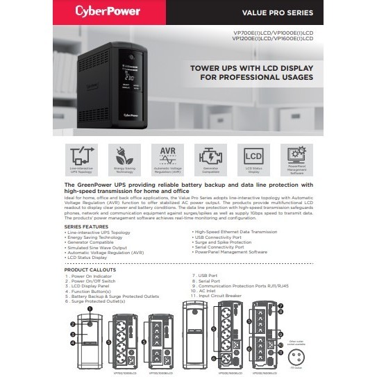 Cyberpower VP1000EILCD 550W UPS Power Backup Battery Line Interactive for Computer Modem Router CCTV similar PRO901WS