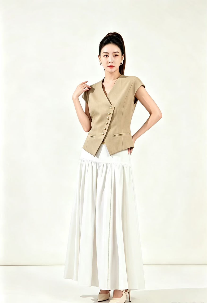 10141363 Asymmetrical Button Tailored Vest Top