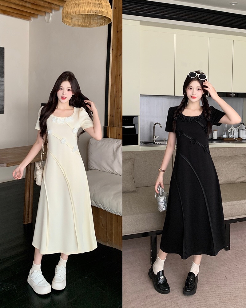 B33(64980) 法式气质立体花朵斜暗纹显瘦黑杏连身裙