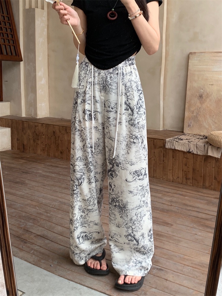 B319(66012) 新中式水墨风扎染前排盘扣流苏黑白直筒长裤