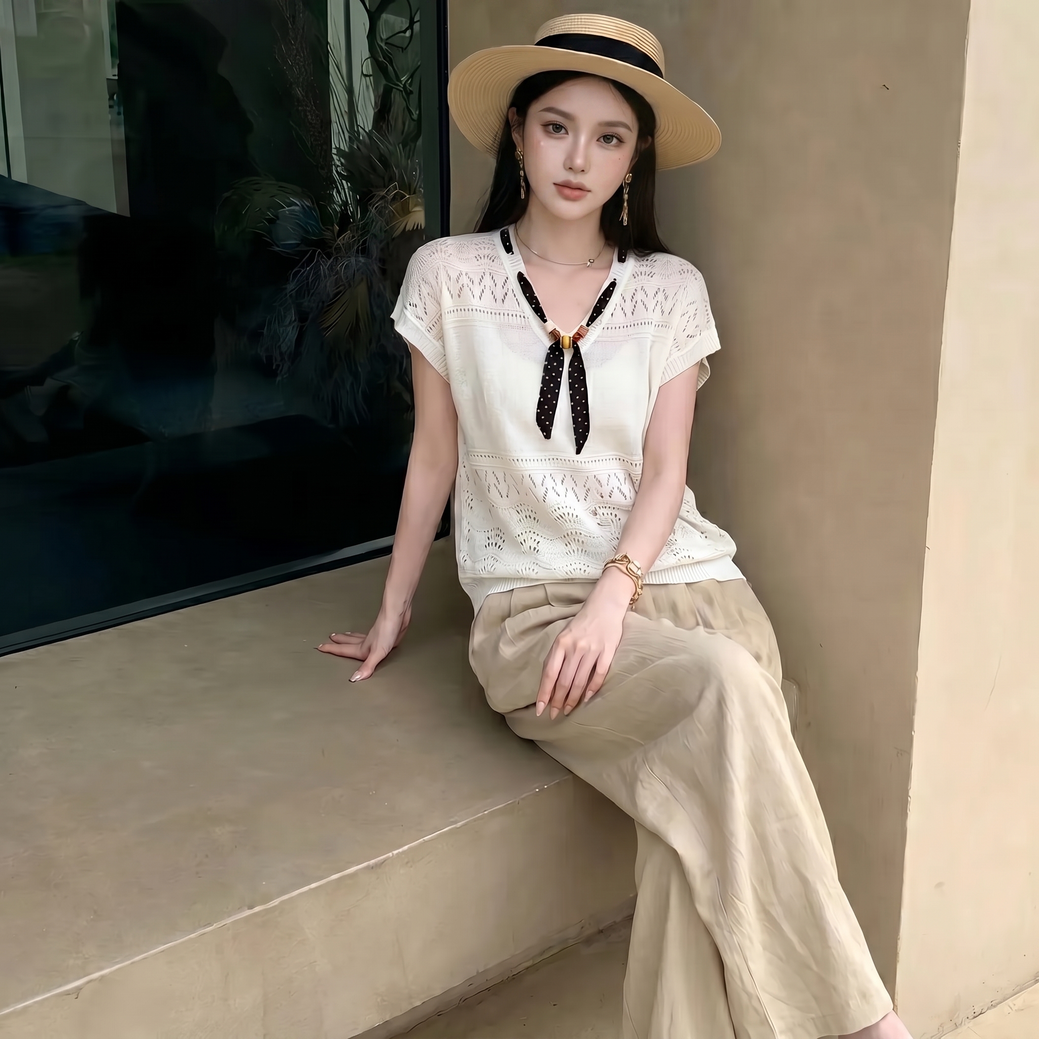 法式老钱风丝巾镂空短袖 Old money Open-Knit Tie-Neck Top