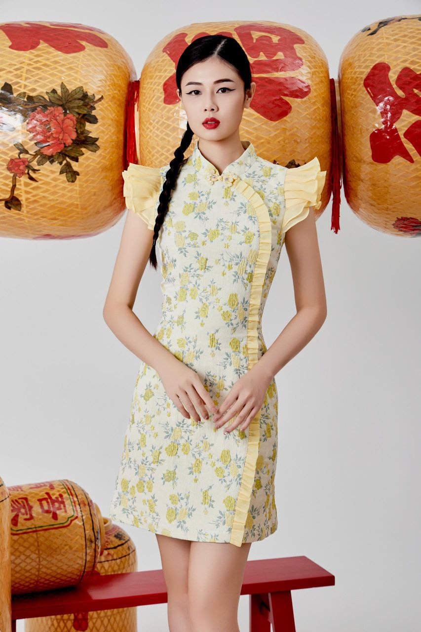 荷叶袖旗袍连身裙 2125