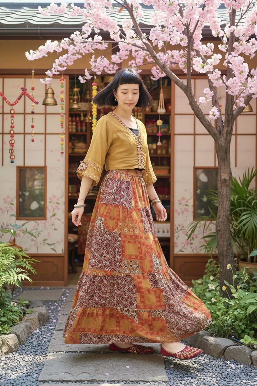Mustard Yellow Tile Floral Pattern Skirt #1072