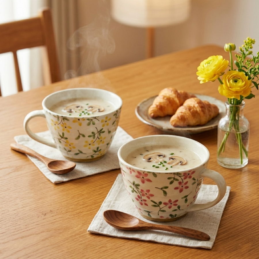 【日本製】美濃燒陶瓷手繪紅黃花卉湯杯套裝(320ml) 