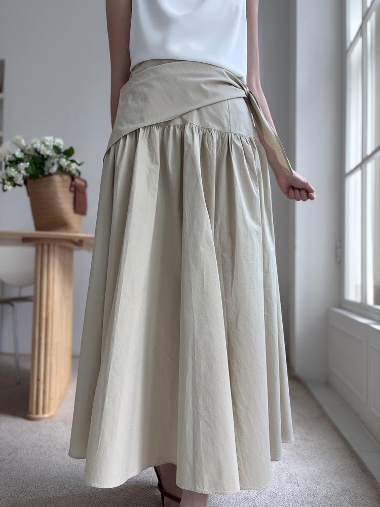 Wrap-Waist Flare Skirt (Beige)
