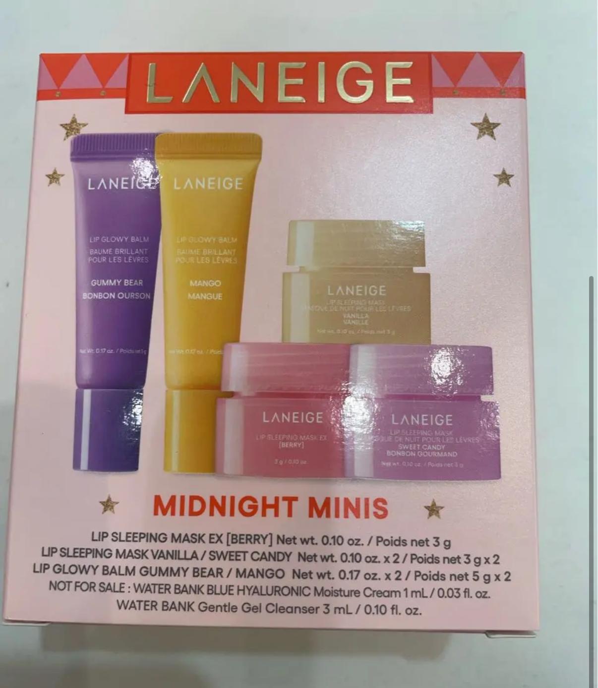 Laneige MIDNIGHT MINIS x’mas set LIP SLEEPING MASK EX [BERRY] net 3 g LIP SLEEPING MASK VANILLA / SWEET CANDY/ net 3 g x 2 LIP GLOWY BALM GUMMY BEAR / MANGO Net 5 g x 2 WATER BANK BLUE HYALURONIC Moisture Cream Cream 1 mL / WATER BANK Gentle Gel Cleanser 3 mL