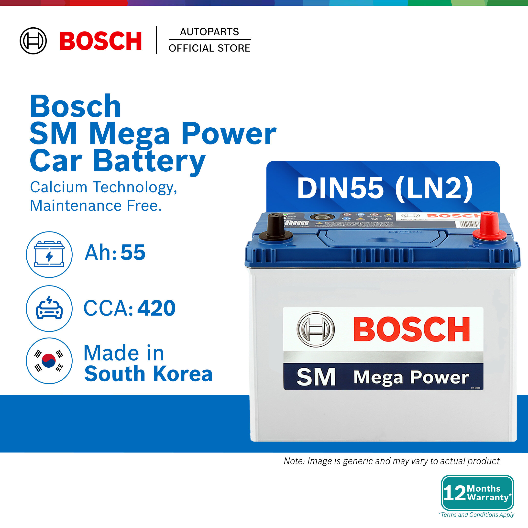 [DELIVERY ONLY] Bosch SM Mega Power Car Battery DIN55L DIN55R LN2 Proton Honda Toyota