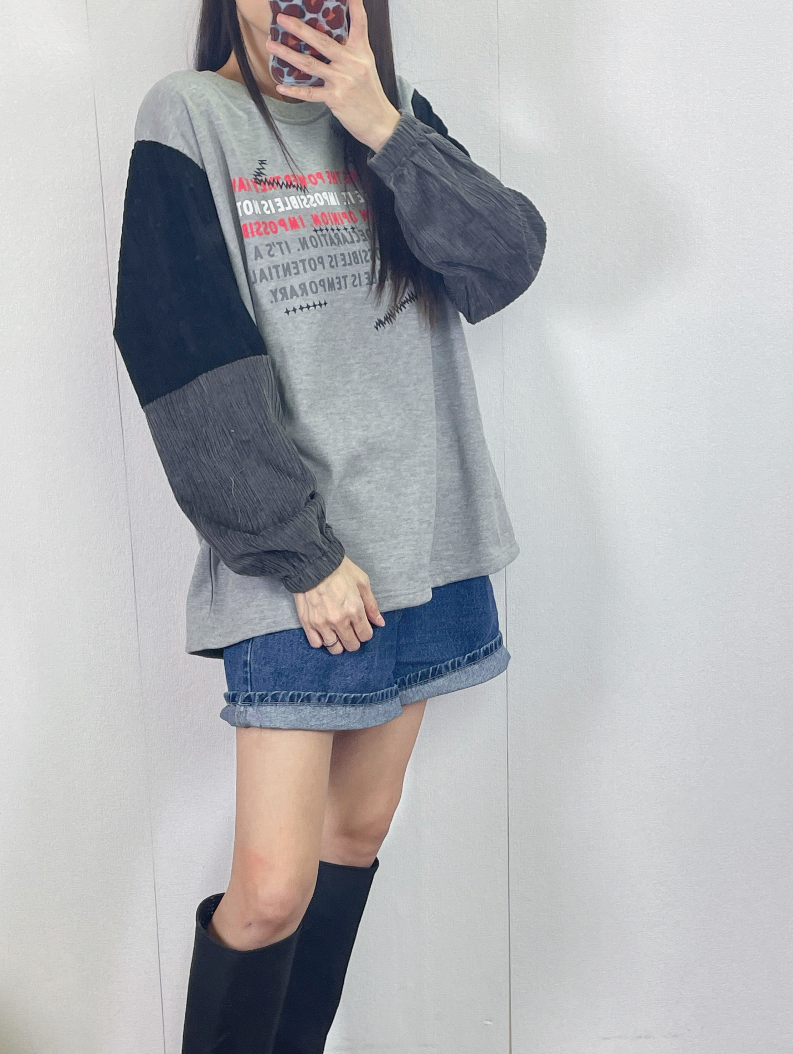  ⭐️Sale⭐️ #10-3604 cotton印字拼雙色燈芯絨袖tee