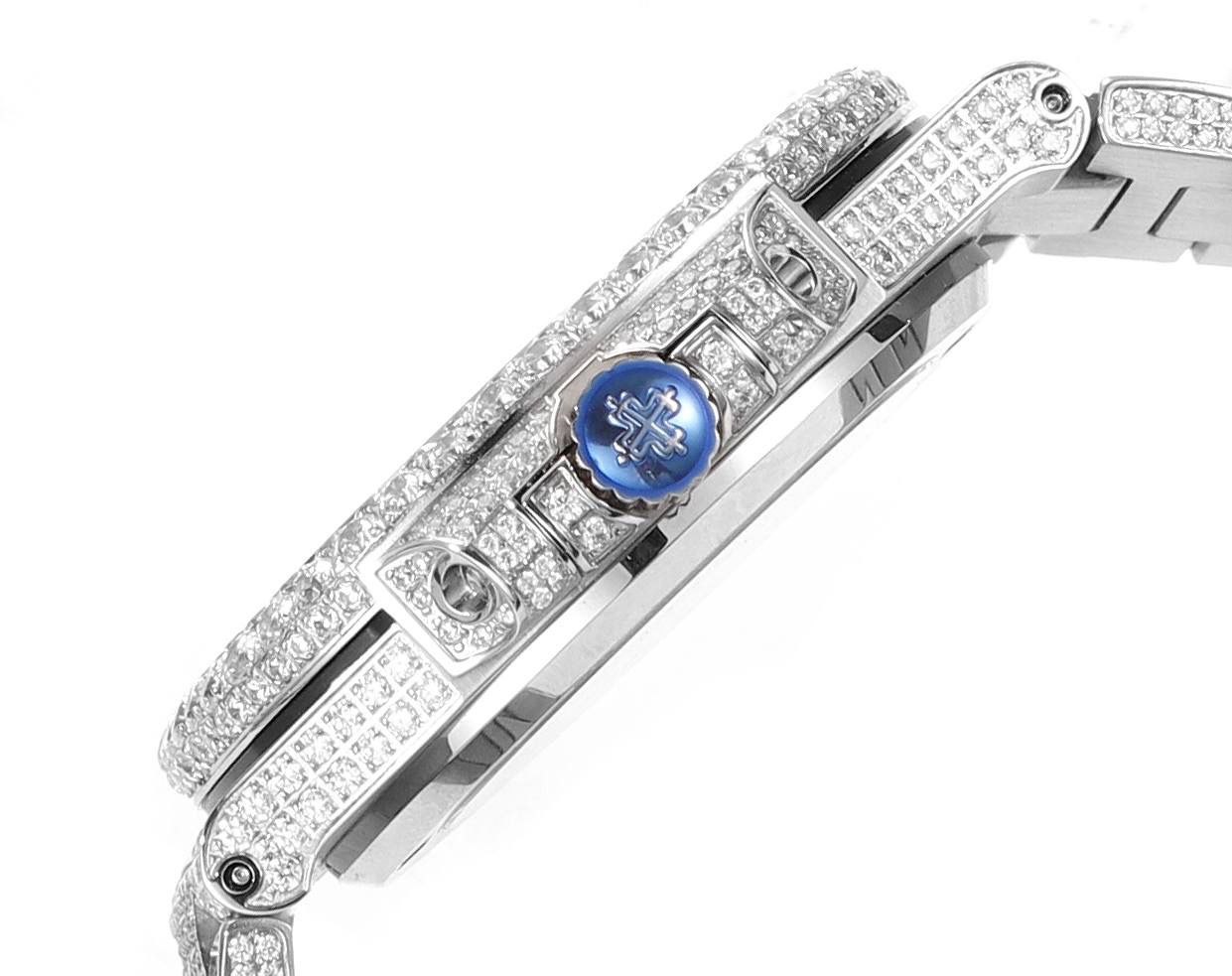 强势来袭！ 超级满天星方钻鹦鹉螺！ 1⃣️升级修正不锈钢表带，部分根据鹦鹉螺不锈钢表带拆解开发，完美贴合！ 2⃣️目前唯一使用圈口和表带方钻无爪镶石工艺，经历无数次的加工工艺，只为做到极致，终于大功告成！ 3⃣️全新订制修正版的Cal.324机芯，机芯摆轮位置与原装一致！深度洗花和刻字，机芯的还原度极高！ 4⃣️指针升级：秒针中心点升级为针轴秒针！ 鹦鹉螺满天星方钻王中王！欢迎您的品鉴！😎💯🌟