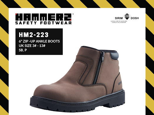 HAMMER 2 SAFETY FOOTWEAR HM2-223 6'' Zip-Up Ankle Boots SIRIM and DOSH Approved Shoes Kasut Keselamatan