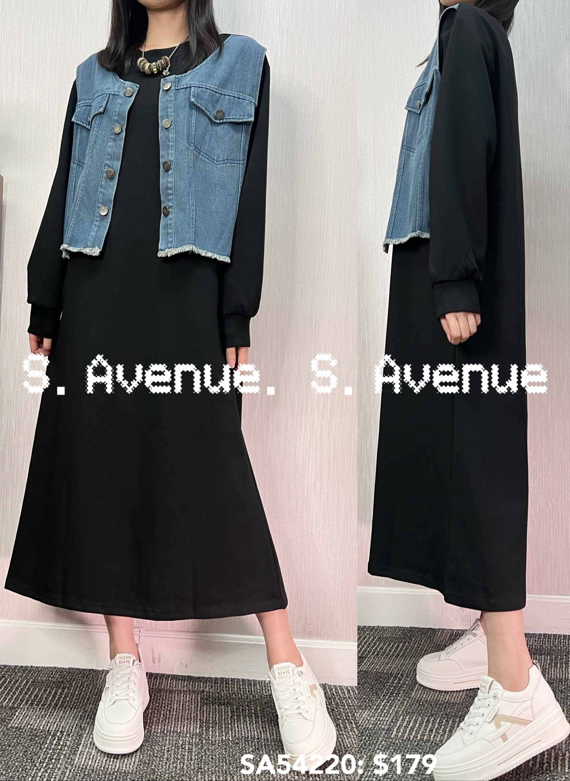 SA54220: 長袖假兩件牛仔背心外套連身裙