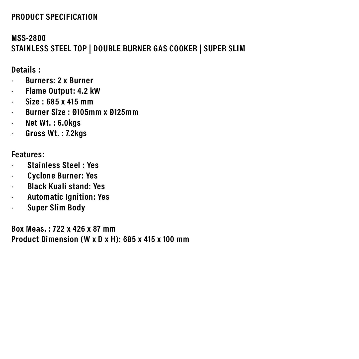 Milux Stainless Steel Double Burner Gas Cooker (MSS-2800)