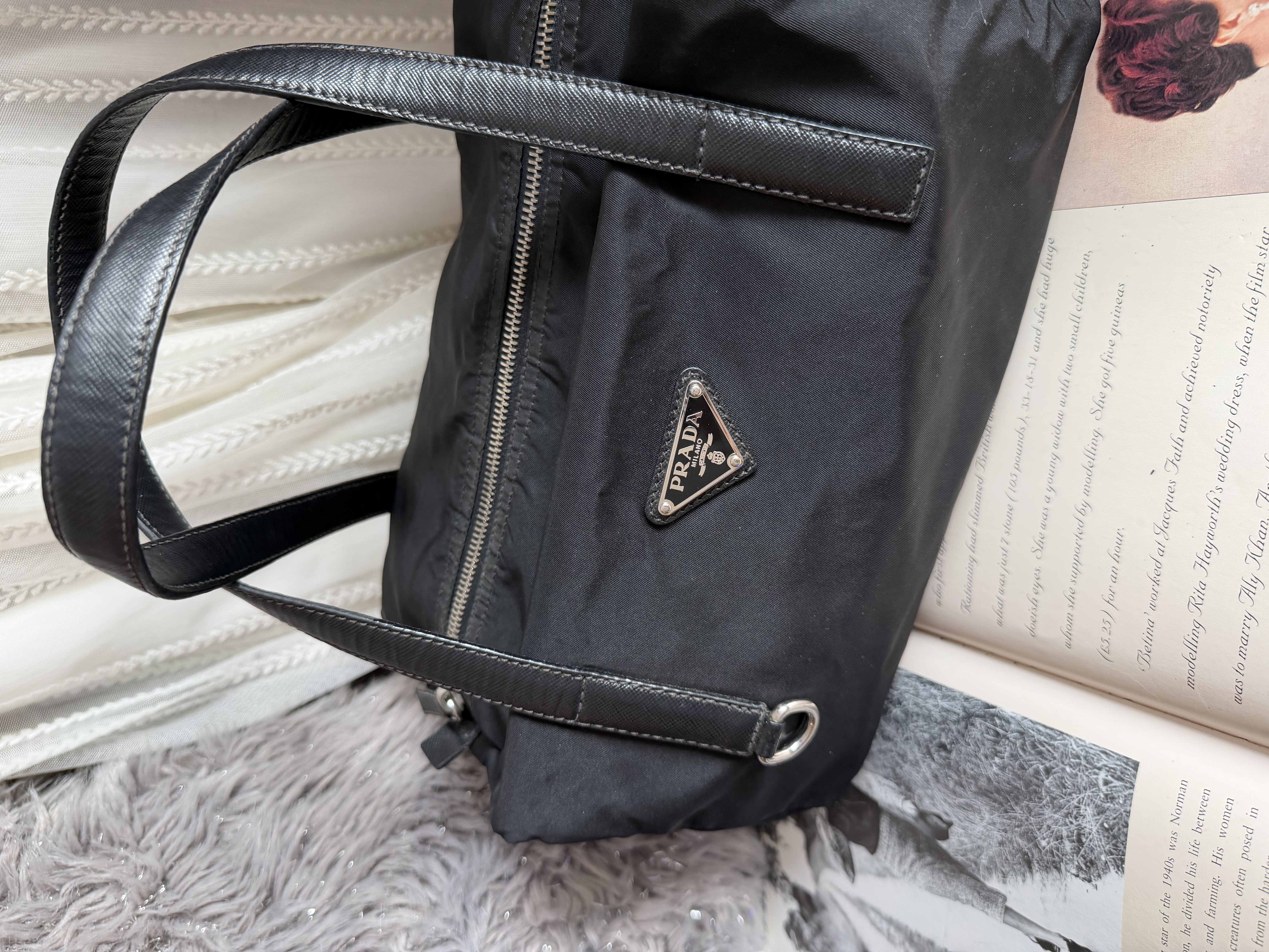 Prada black nylon / leather shoulder tote bag