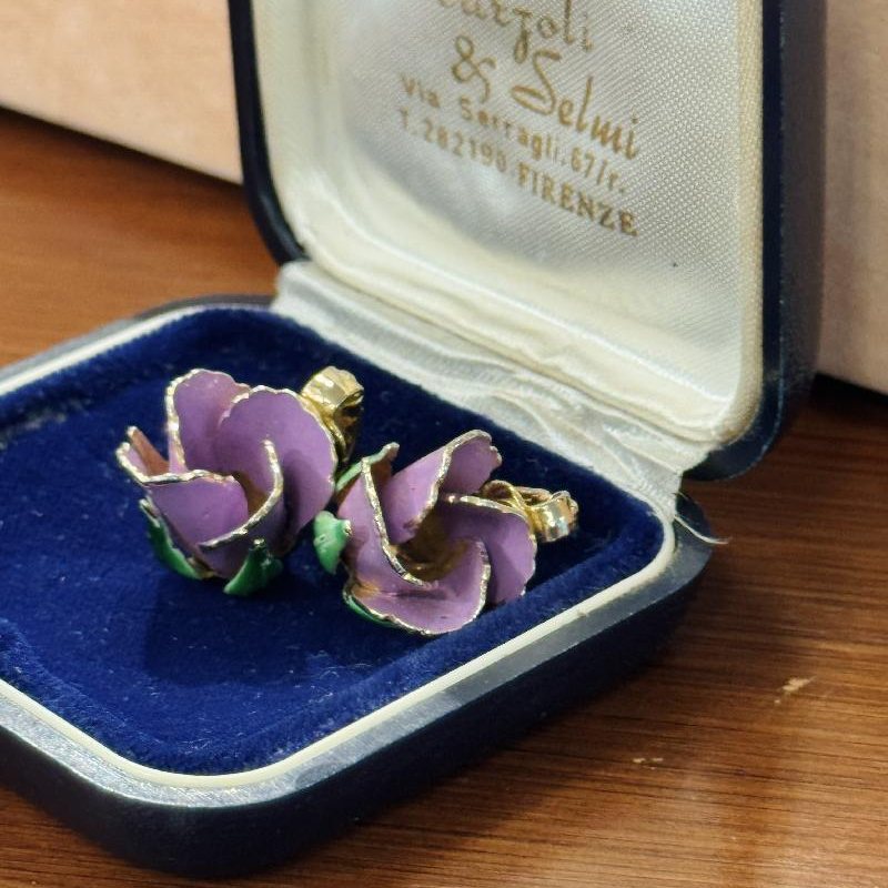 Vintage 3D Purple Rose Bud Clip Earrings from Germany (C038)