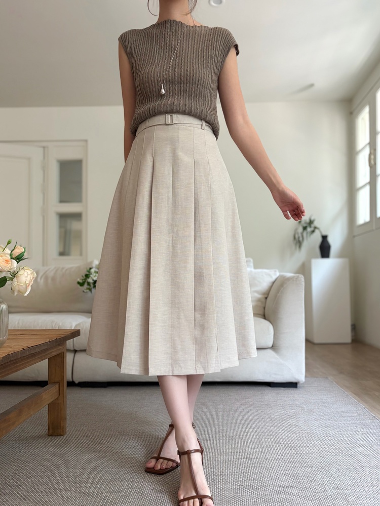 Linen Blend Pleated Skirt (Oat)