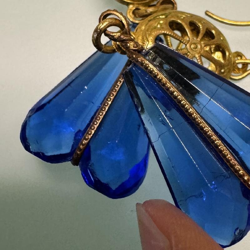 Vintage Recomposed Design with Antique Czechoslovakian Blue Double Glass - Hook Earrings(B053)