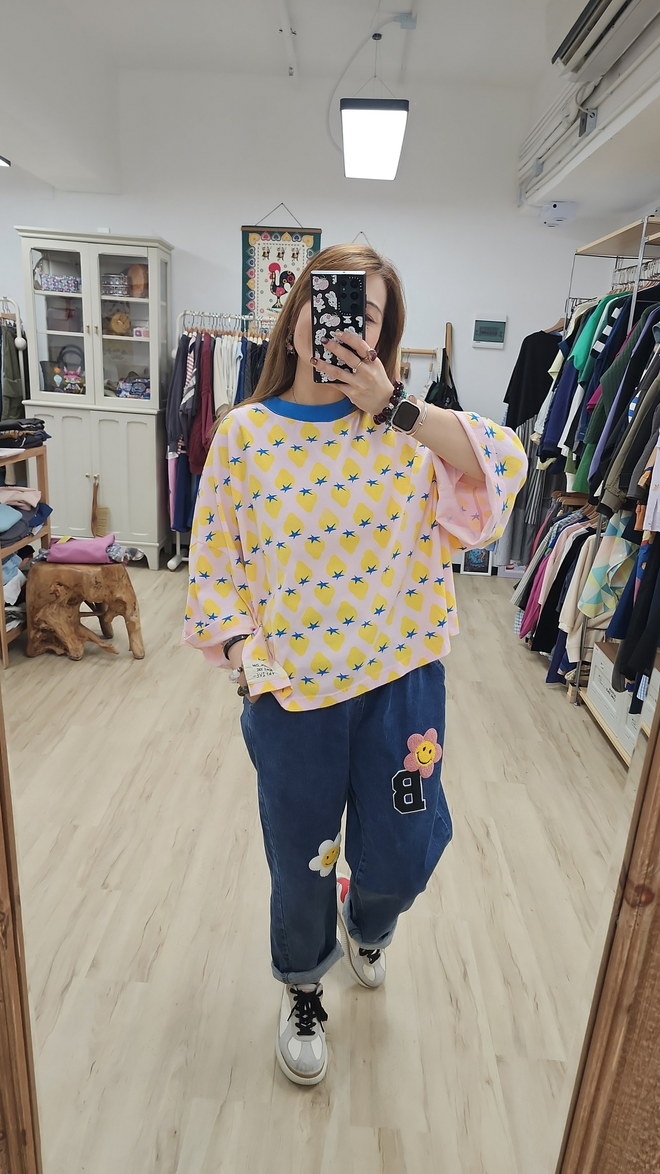 韓國粉紅拼黃士多啤梨圖案棉Tee