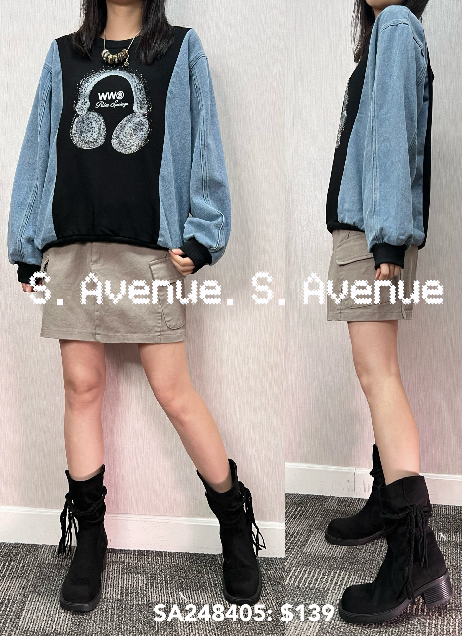 SA248405: 長袖牛仔袖印headphone圖案tee