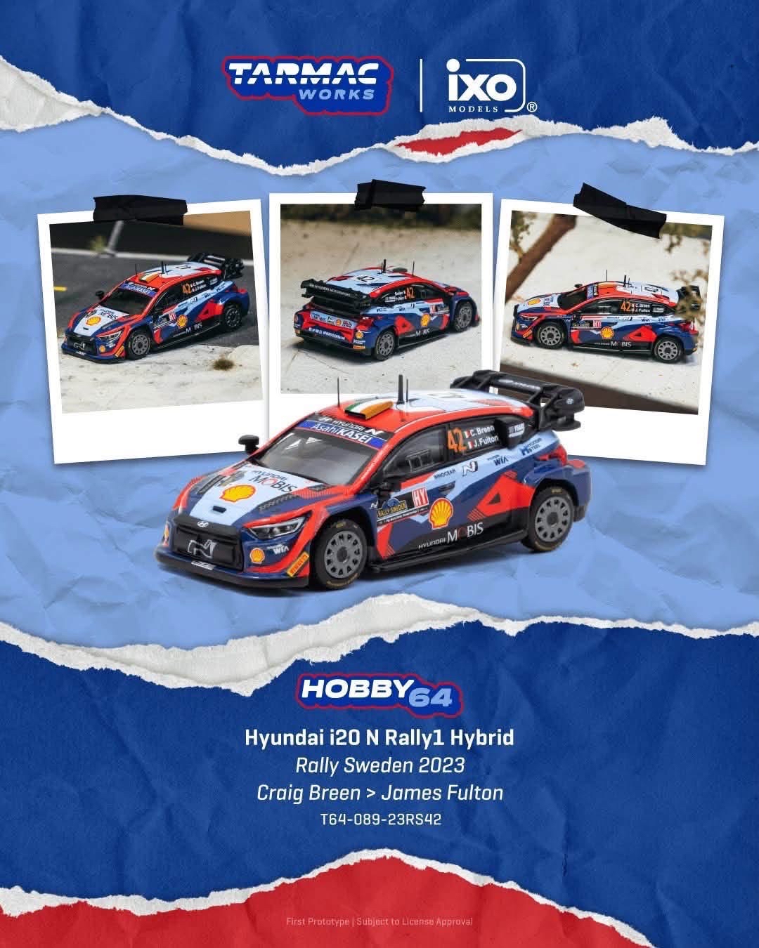 （預訂 Pre Order) Tarmac Works ( T64-089-23RS42 ) Hyundai i20 N Rally1 Hybrid Rally Sweden 2023 Craig Breen / James Fulton