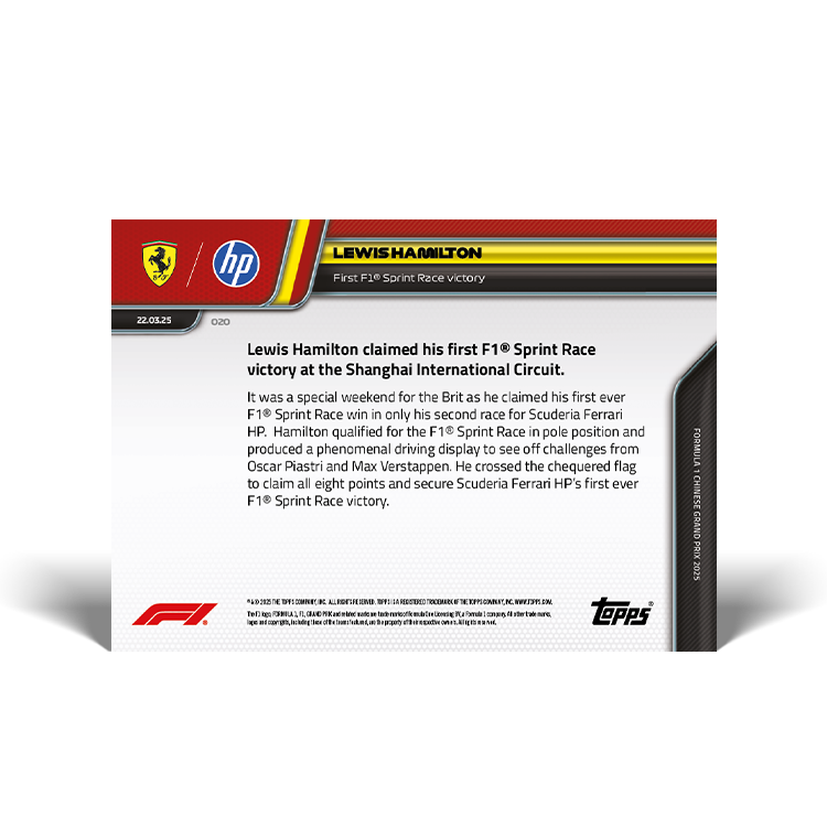 Lewis Hamilton - 2025 F1 Topps NOW® #20 Chinese GP Sprint 贏車卡｜PR 2,509