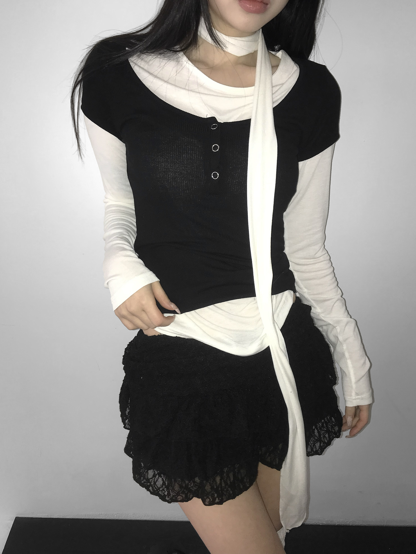 Ruched Button Long Sleeve with Scarf Tie