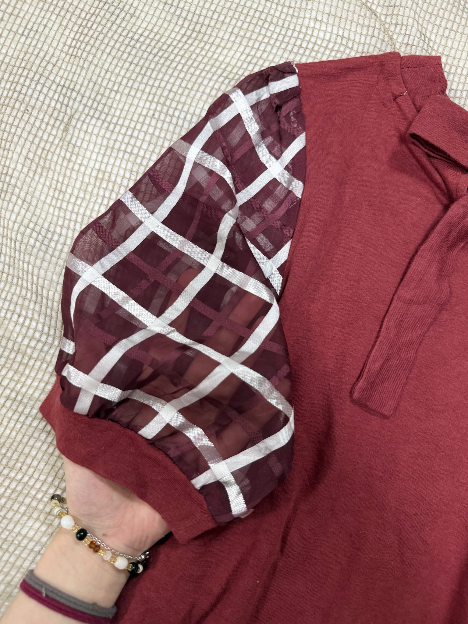 Axes Femme Lattice Mesh Sleeve Top in Wine Red