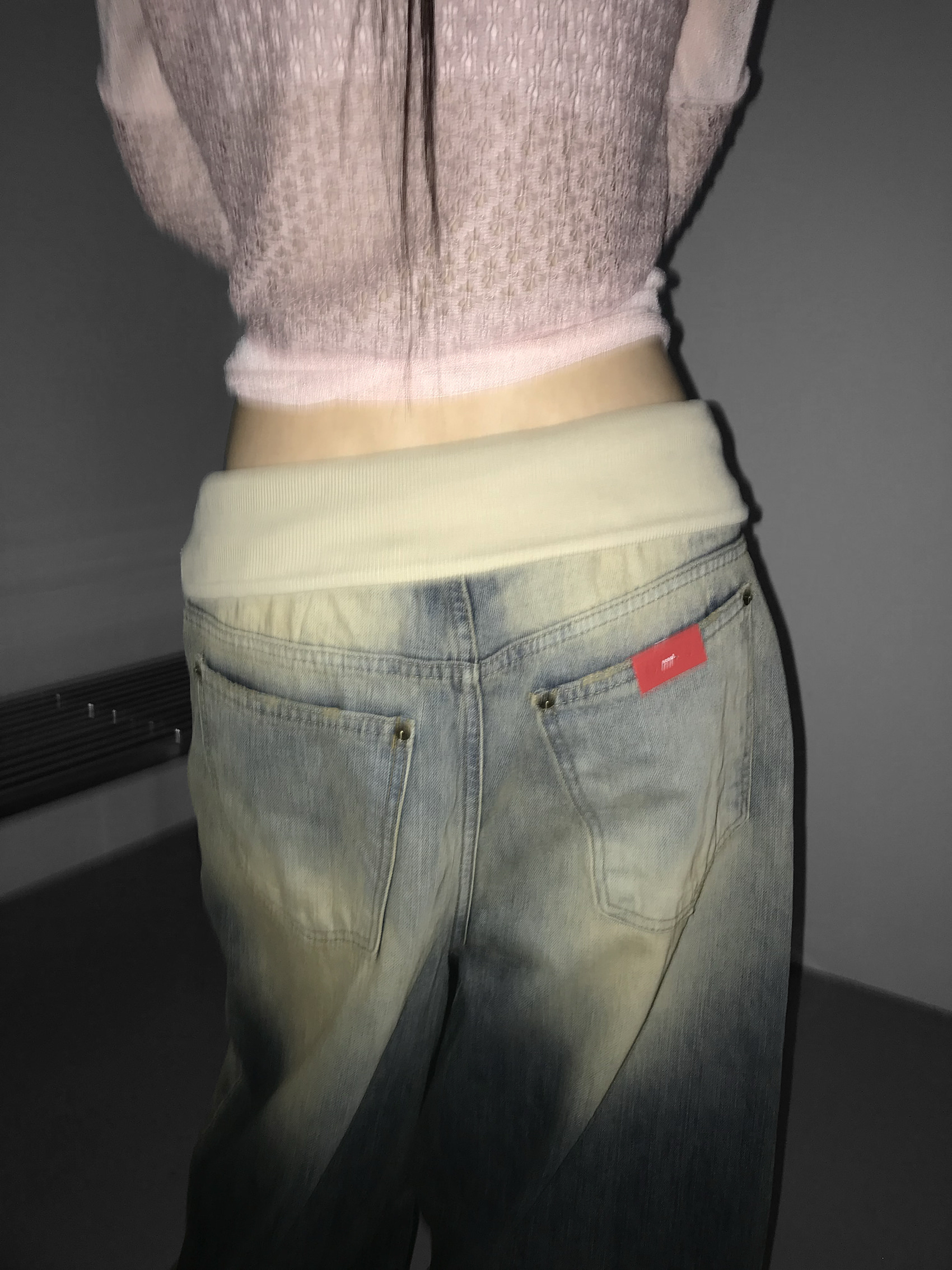 Vintage Washed Foldover-Waist Denim Pants