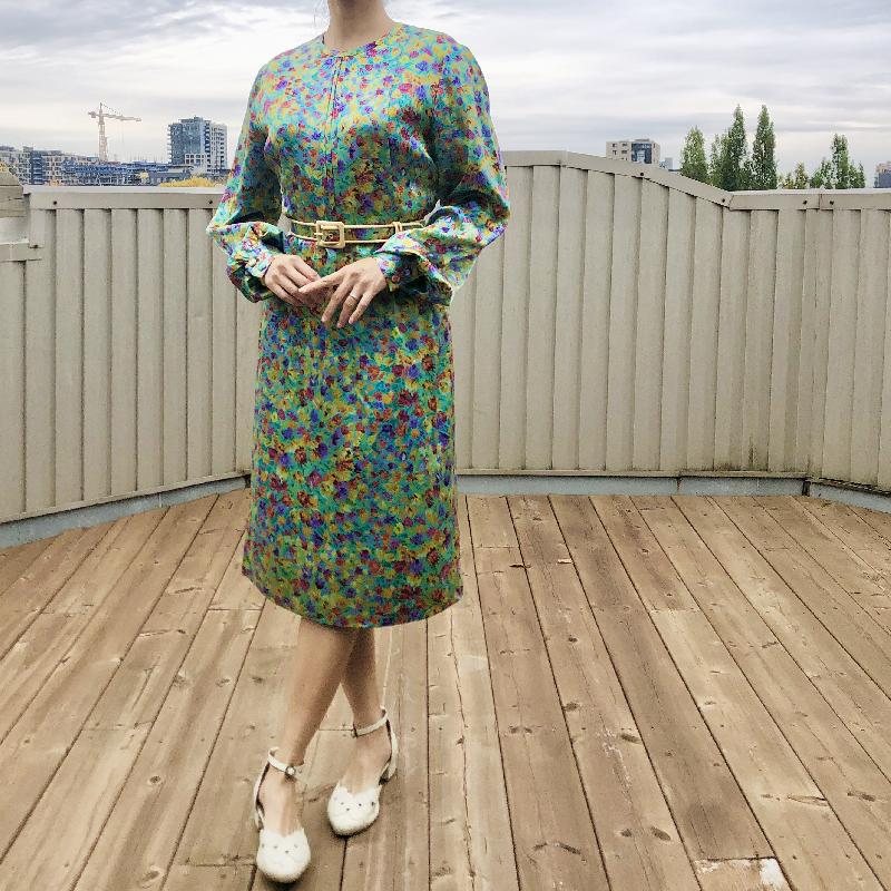 Vintage C.a. 1980s André Laug 100% Silk Made in Italy Floral Dress with original Belt(MT1625)