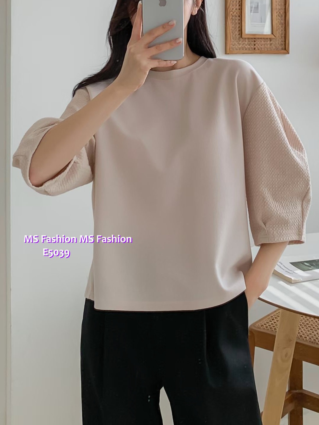 E5039 壓紋泡泡中袖top